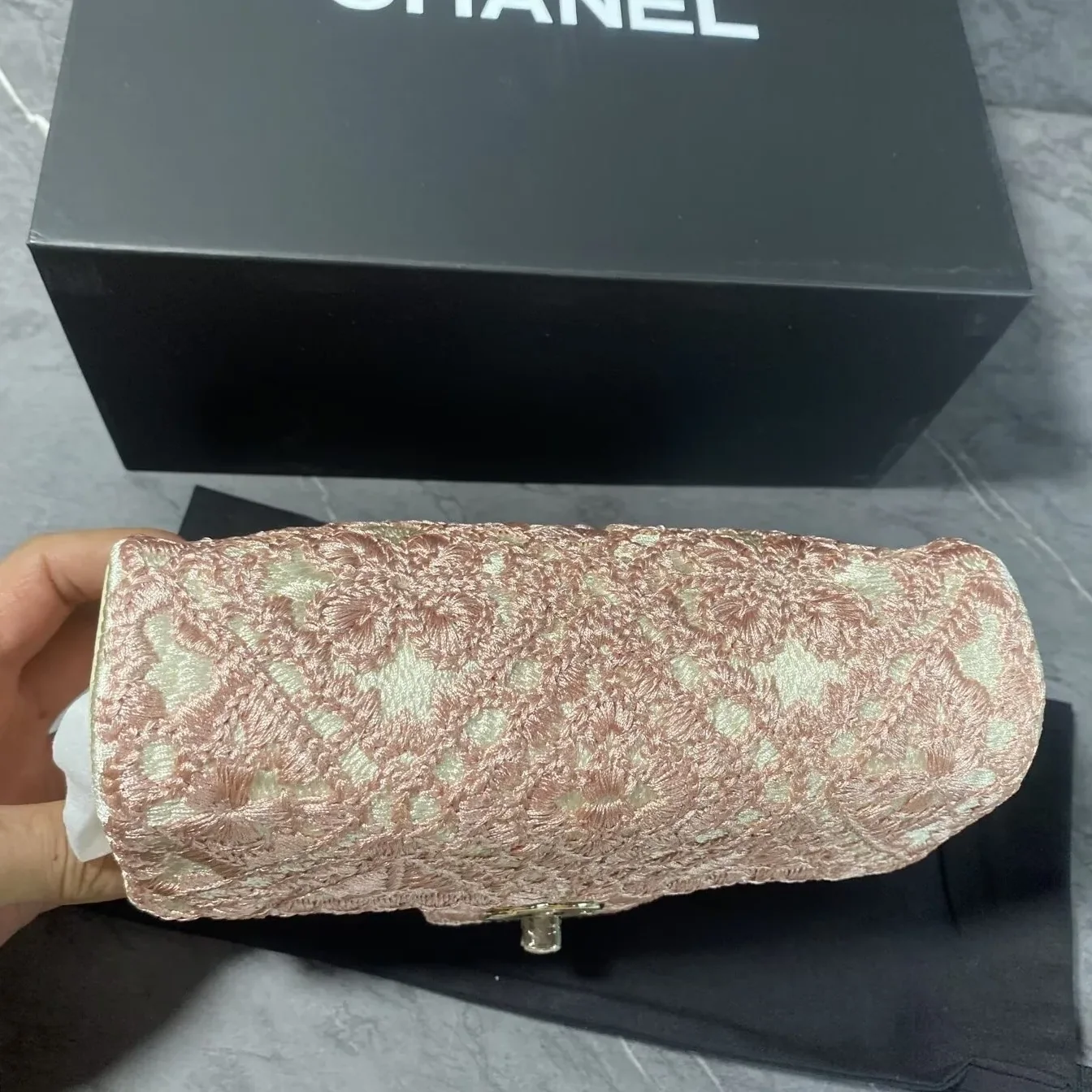 Chanel Crochet Small Flap Bag Crossbody in Pink Gold Hardware Chanel Crochet Small Flap Bag Crossbody in Pink Gold Hardware