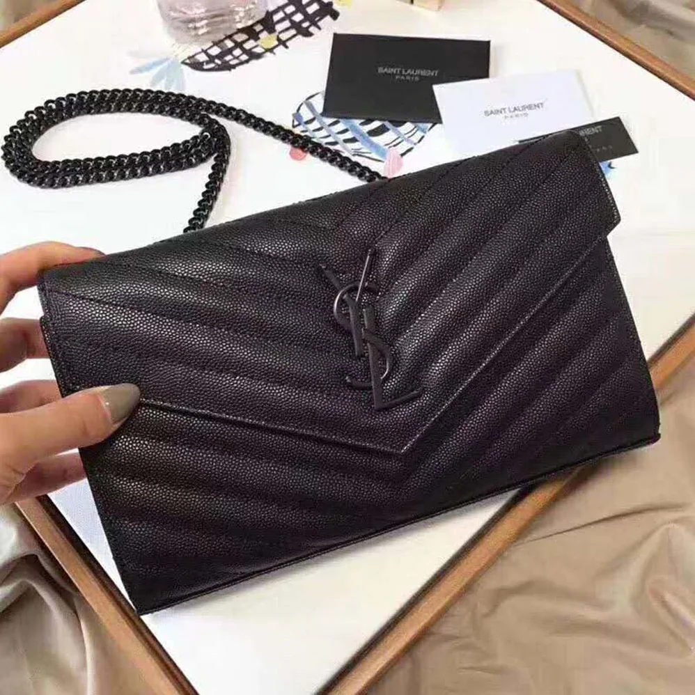 Saint Laurent Monogram Chain Wallet Grain De Poudre Embossed in Black