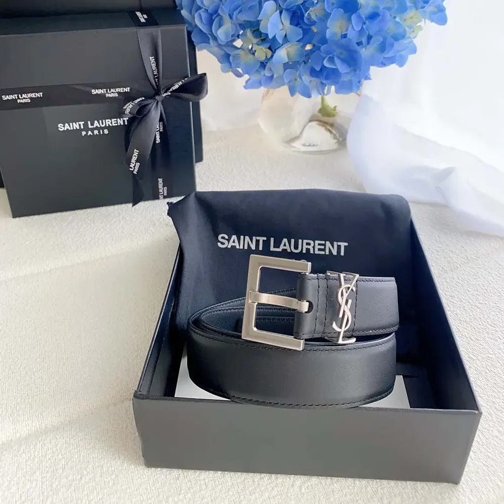 Saint Laurent YSL Cassandre Thin Belt with Square Buckle in Smooth Leather for Women