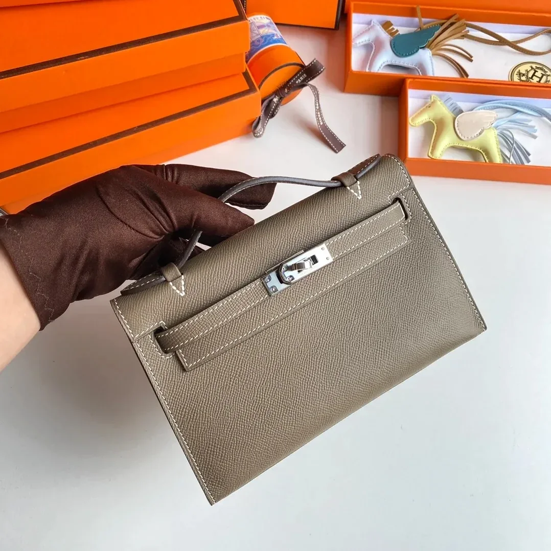 Hermes Kelly Pochette Top Handle Bag in Etoupe Epsom Palladium Hardware Hermes Kelly Pochette Top Handle Bag in Etoupe Epsom Palladium Hardware