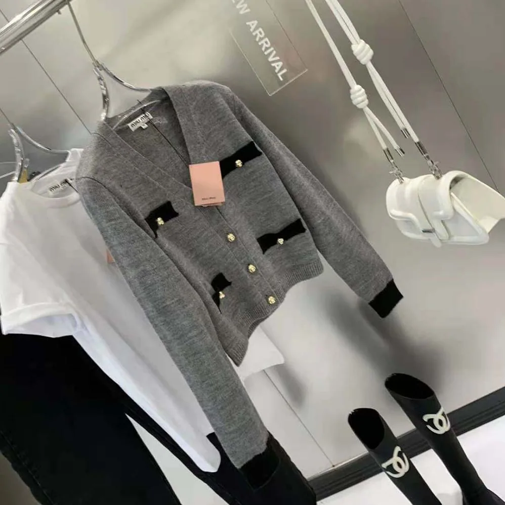 Miu Miu Cashmere Cardigan with Knit Logo Patch for Women in Gray