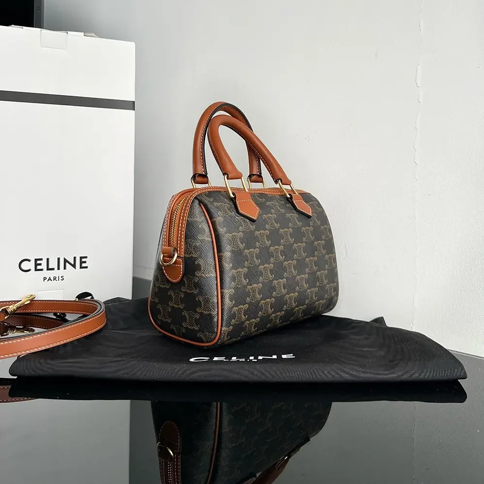 Celine Small Boston in Triomphe Canvas and Calfskin for Women in Tan