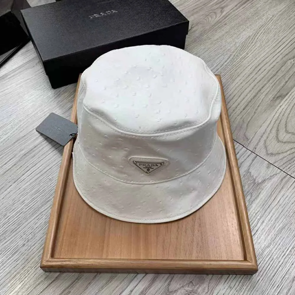 Prada Ostrich Leather Bucket Hat for Women in White Prada Ostrich Leather Bucket Hat for Women in White