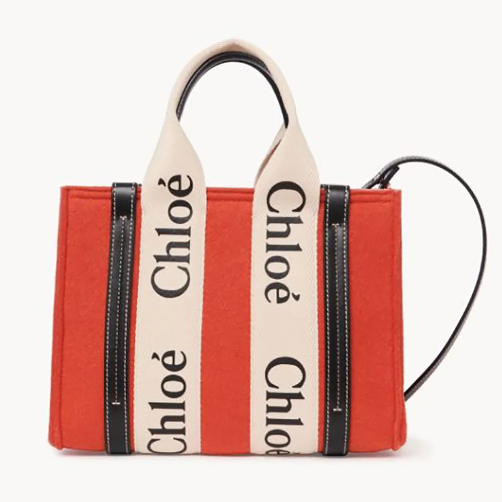 Chloe Small Woody Tote Bag with Strap in Recycled Felt and Shiny Calfskin for Women