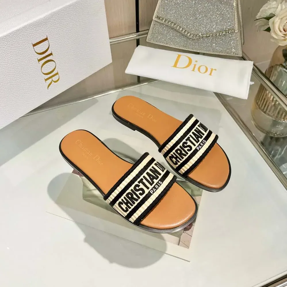 Dior Dway Slide Natural Raffia and Black Embroidered Cotton for Women