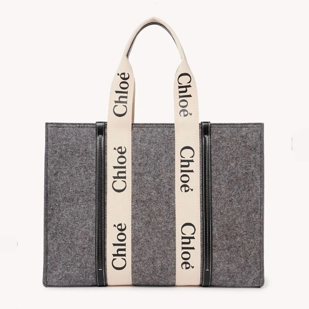 Chloe Large Woody Tote Bag in Recycled Felt and Shiny Calfskin for Women in Gray Chloe Large Woody Tote Bag in Recycled Felt and Shiny Calfskin for Women in Gray
