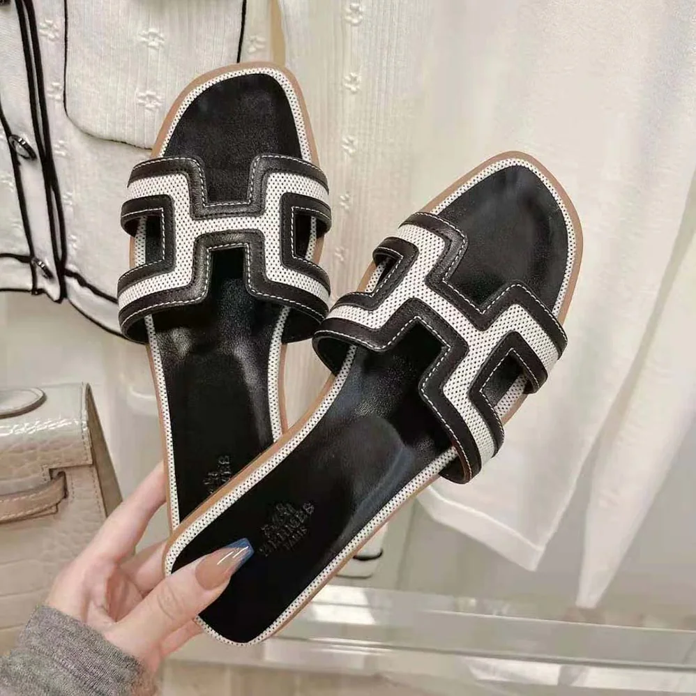 Hermes Oran Sandal in Calfskin and H Canvas with Iconic H Cut-Out for Women in Black