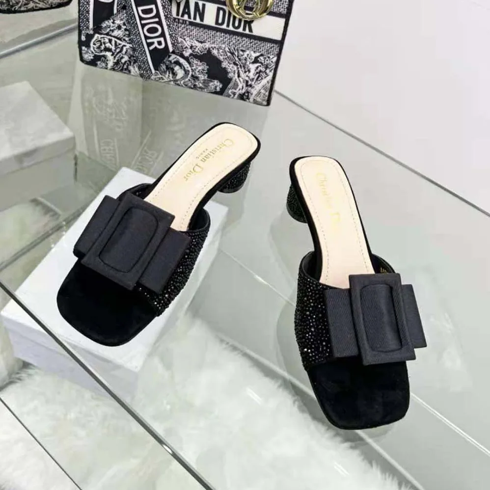 Dior Idylle Heeled Slide Black Suede Covered with Strass and Grosgrain for Women Dior Idylle Heeled Slide Black Suede Covered with Strass and Grosgrain for Women