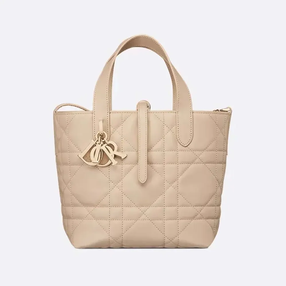 Dior Small Dior Toujours Vertical Tote Bag Powder Beige Macrocannage Calfskin for Women