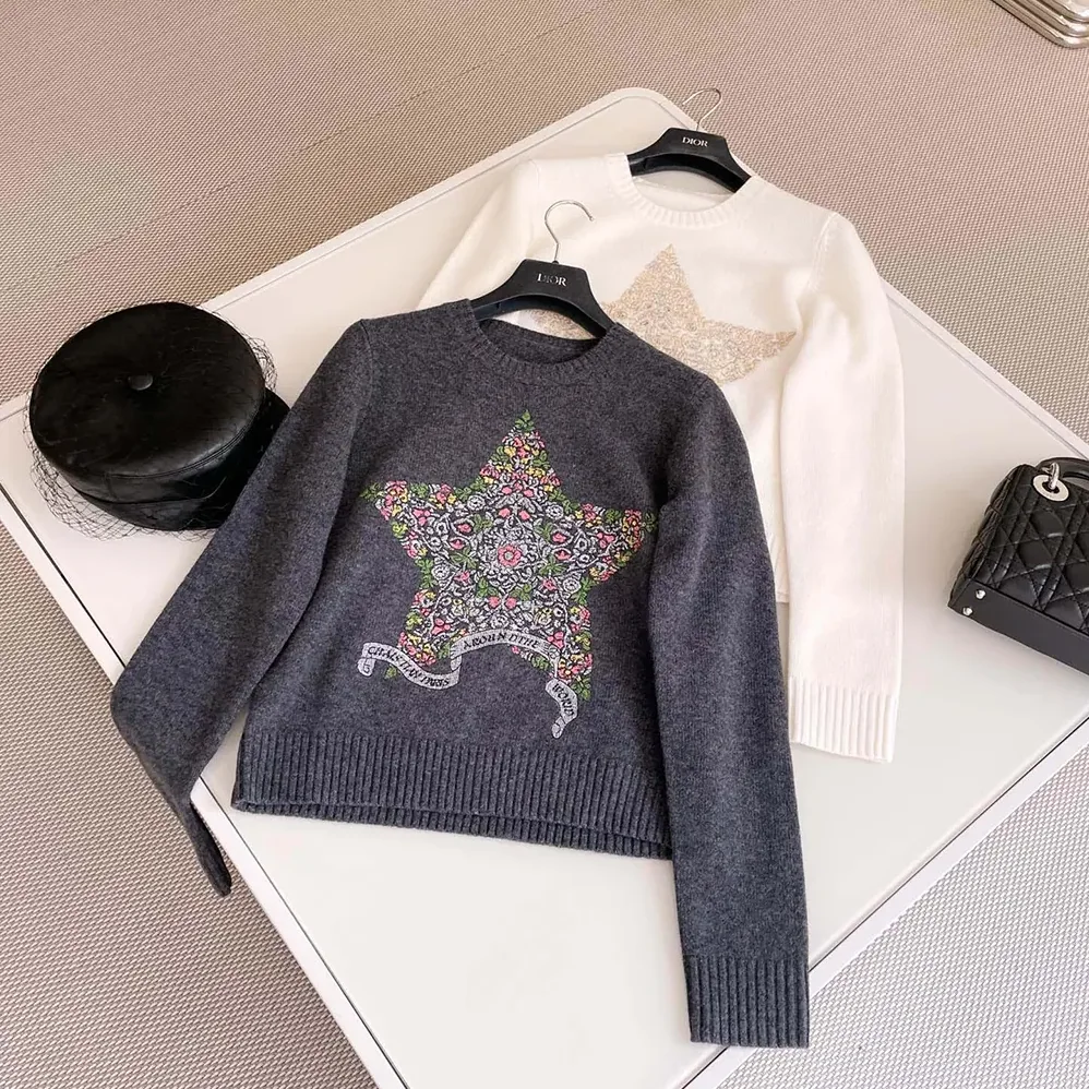 Dior Embroidered Sweater Gray Cashmere Knit for Women