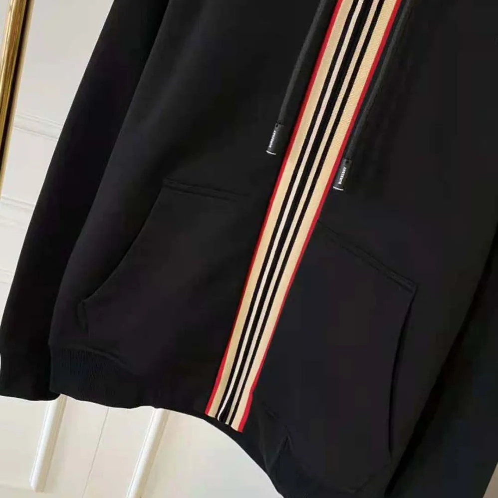 Burberry Icon Stripe Detail Cotton Hooded Top for Men in Black