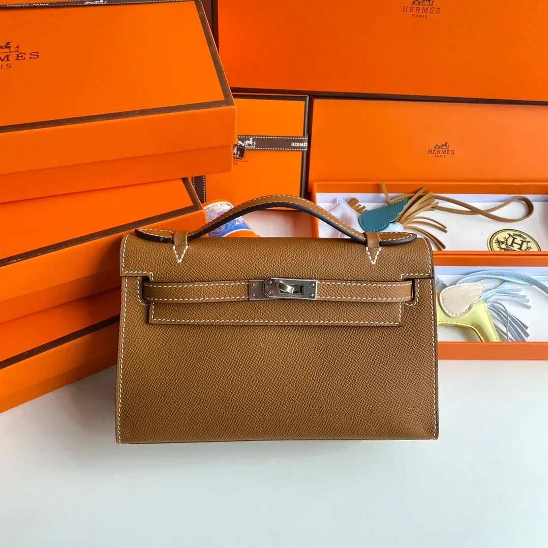 Hermes Kelly Pochette Top Handle Bag in Brown Epsom Palladium Hardware