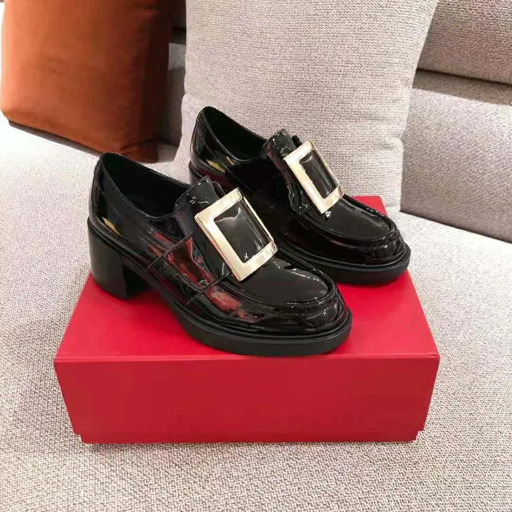Roger Vivier Viv' Rangers Metal Buckle Loafers in Patent Leather in 6cm Heel for Women Roger Vivier Viv' Rangers Metal Buckle Loafers in Patent Leather in 6cm Heel for Women