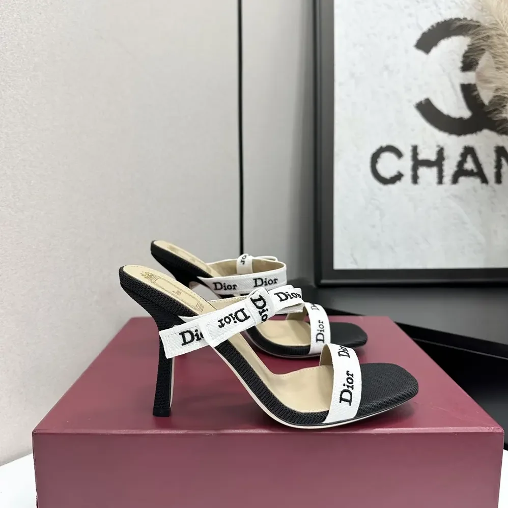 Dior Heeled Sandal with J'Adior Straps Black Embroidered Cotton for Women Dior Heeled Sandal with J'Adior Straps Black Embroidered Cotton for Women