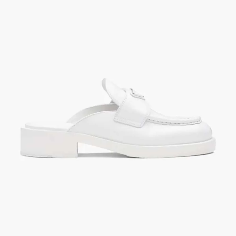 Prada Chocolate Brushed Leather Mules for Women in White Prada Chocolate Brushed Leather Mules for Women in White