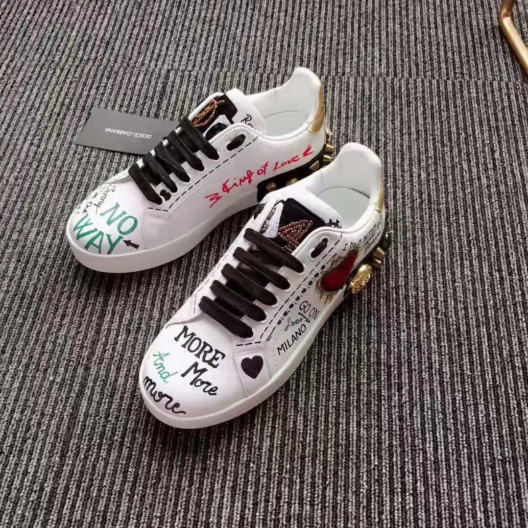 Dolce Gabbana D&G Printed Calfskin Nappa Portofino Sneakers with Patch and Embroidery for Women in White