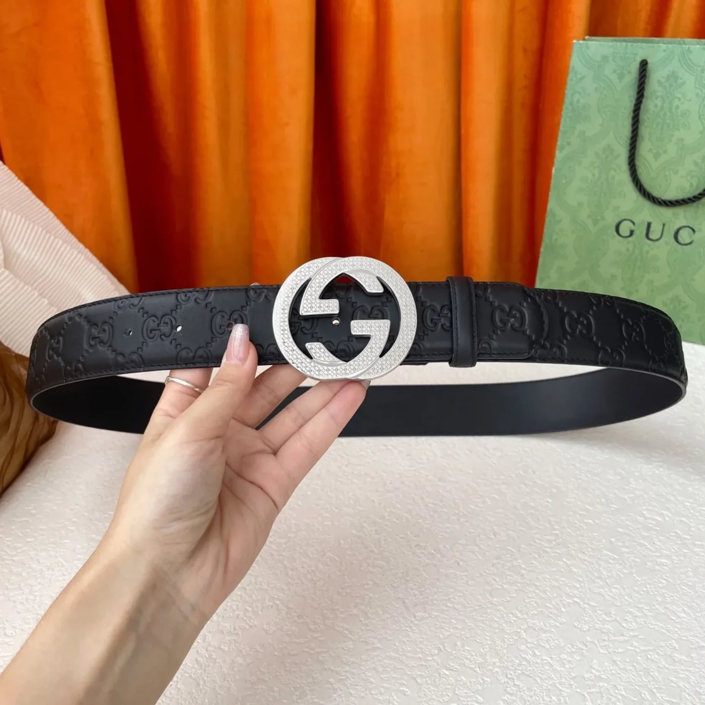 Gucci Iconic GG Buckle Belt Embossed Black With Silver Bling Buckle Gucci Iconic GG Buckle Belt Embossed Black With Silver Bling Buckle