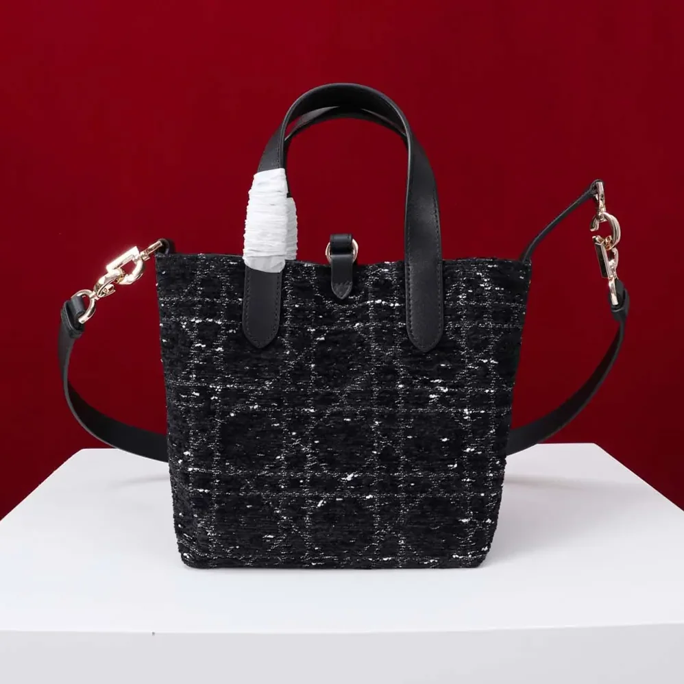 Dior Small Dior Toujours Vertical Tote Bag Black Tweed with White Cannage Motif for Women