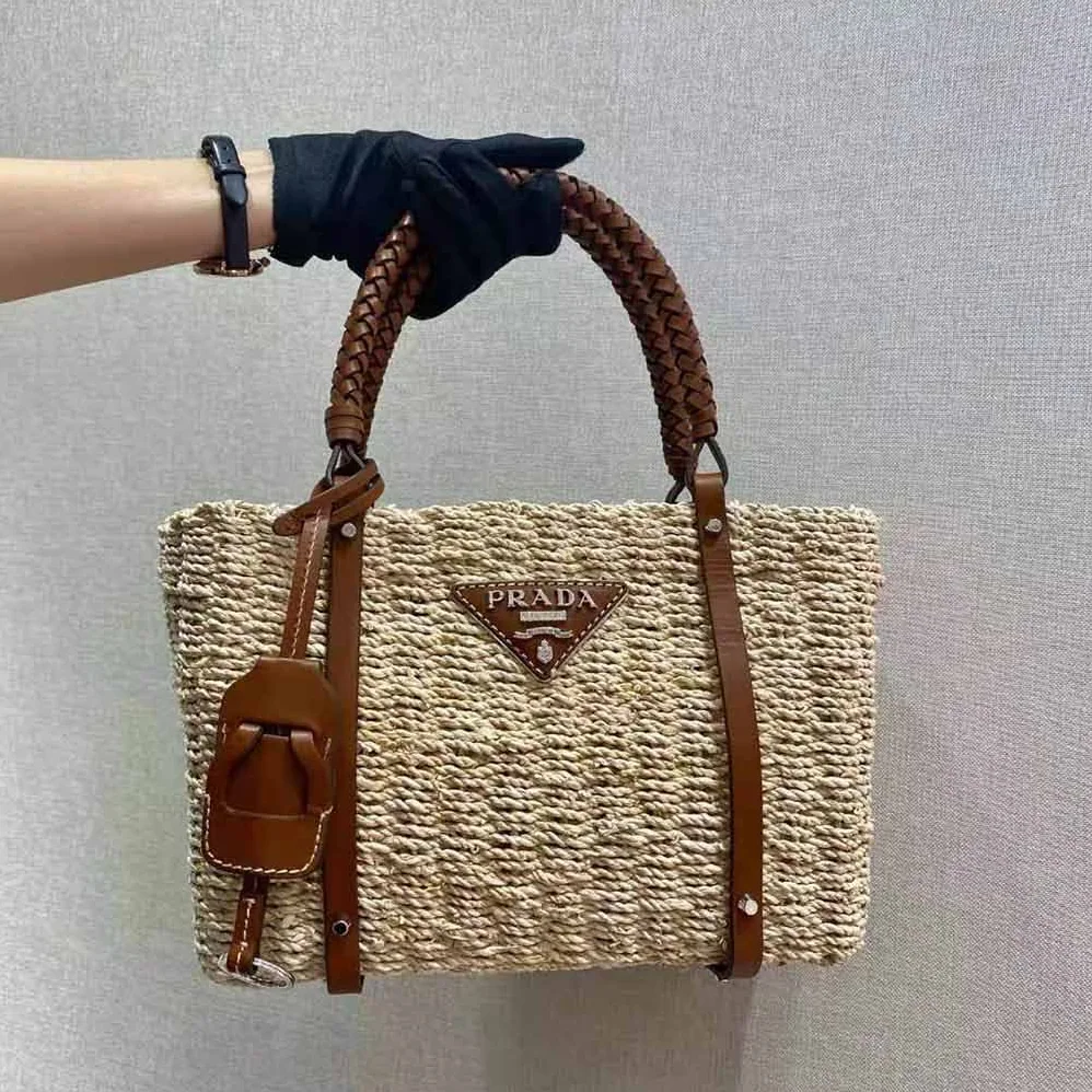 Prada Corn Husk and Leather Tote for Women Prada Corn Husk and Leather Tote for Women