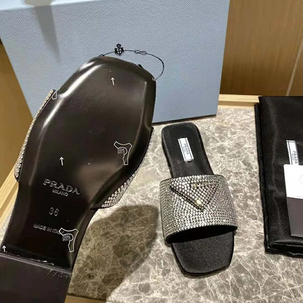 Prada Satin Slides with Crystals for Women in Black Prada Satin Slides with Crystals for Women in Black