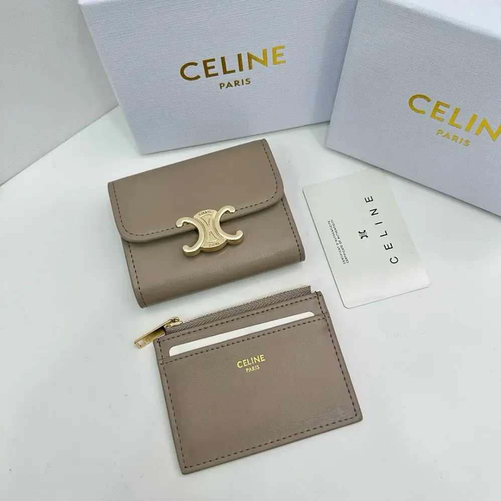 Celine Compact Wallet with Coin Triomphe in Shiny Calfskin for Women in Grey Celine Compact Wallet with Coin Triomphe in Shiny Calfskin for Women in Grey