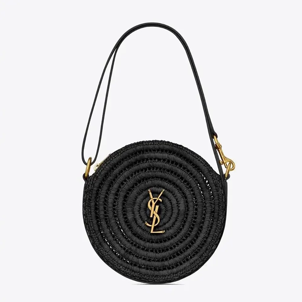 Saint Laurent YSL Round Bag in Raffia and Vegetable-Tanned Leather for Women in Black Saint Laurent YSL Round Bag in Raffia and Vegetable-Tanned Leather for Women in Black