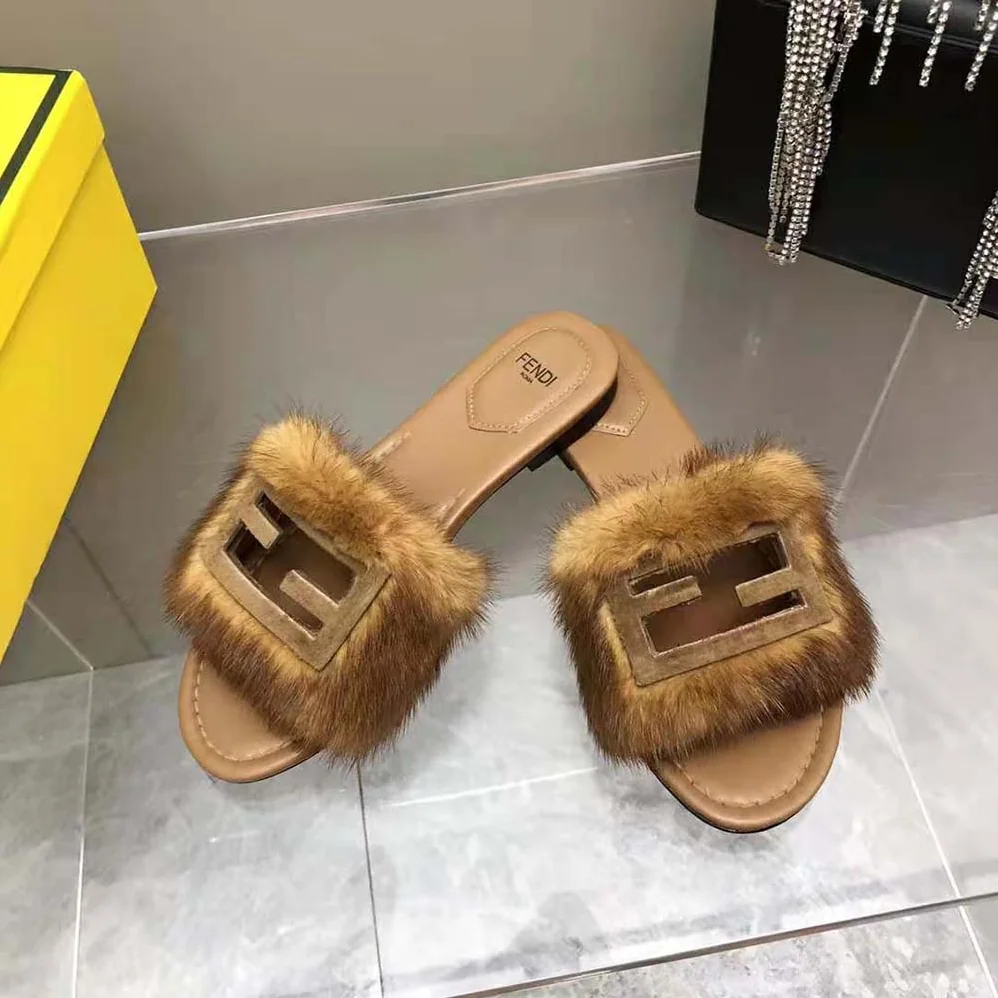 Fendi Signature Brown Mink Slides for Women