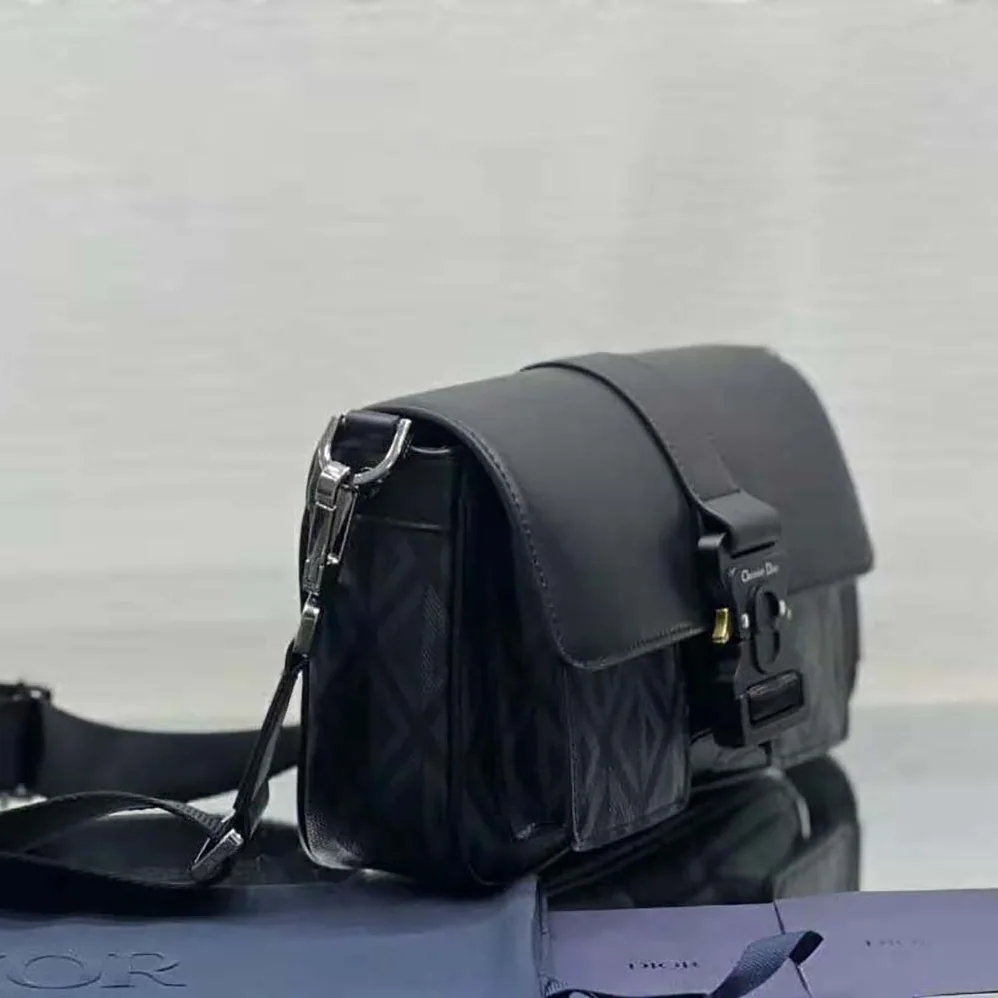 Dior Hit The Road Bag with Strap Black CD Diamond Canvas and Smooth Calfskin for Men