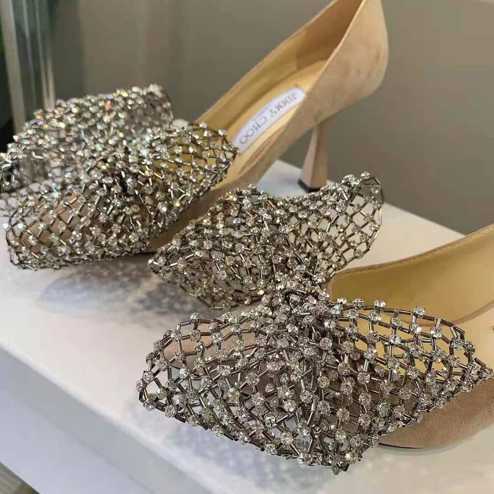 Jimmy Choo Seka 100 Ballet Pink Suede Pumps with Crystal Bow Clasp for Women