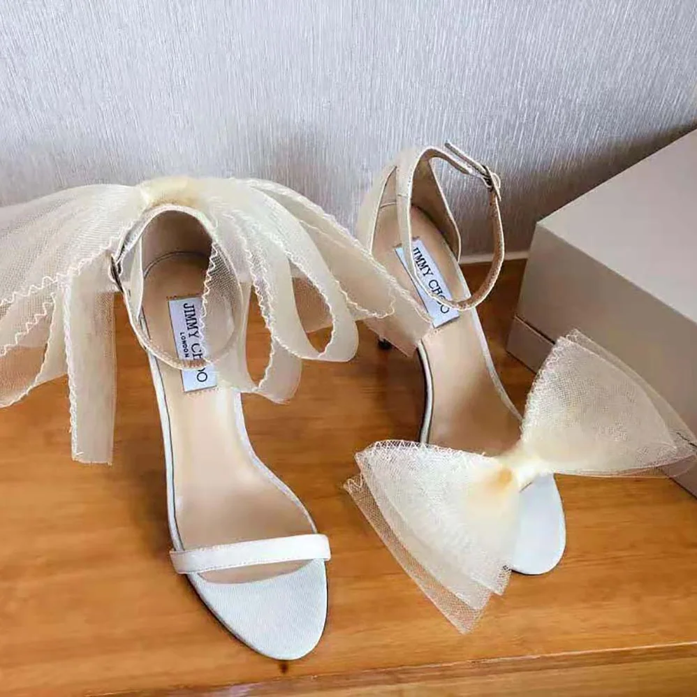 Jimmy Choo Aveline 100 White Sandals with Asymmetric Grosgrain Mesh Fascinator Bows for Women