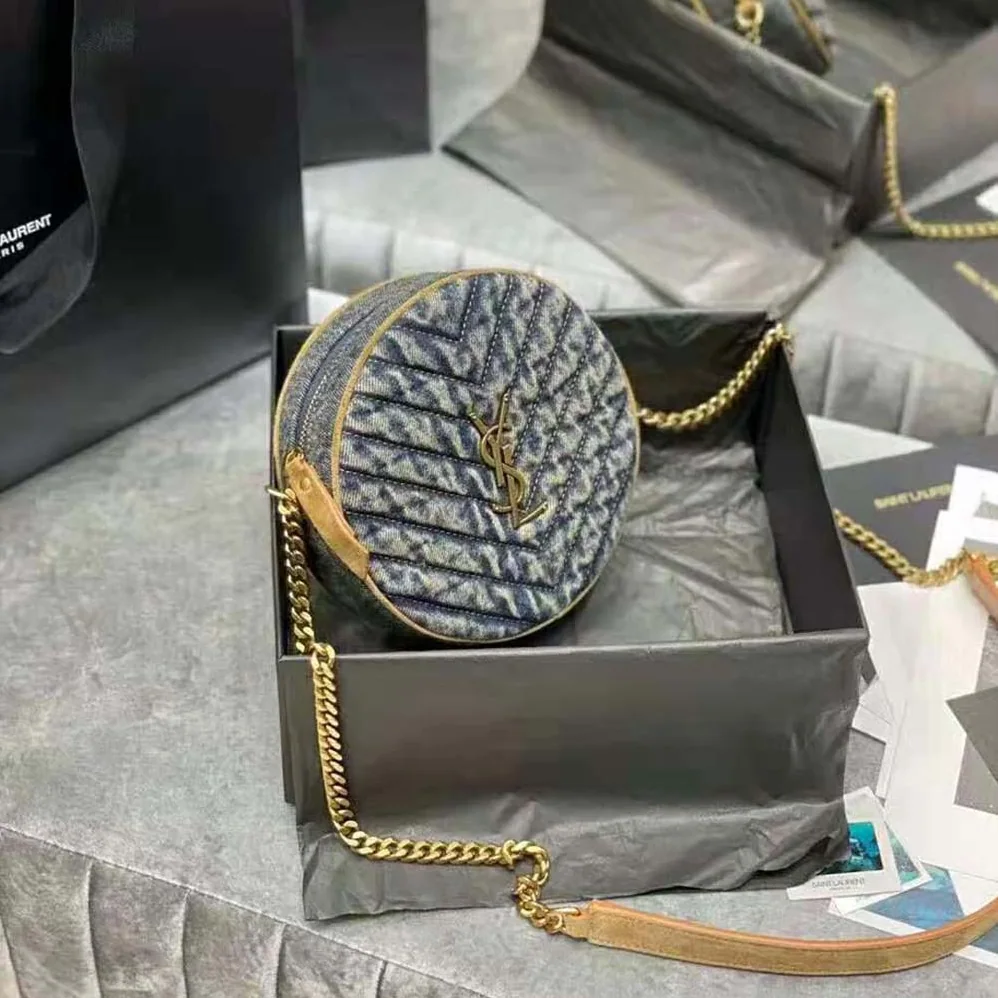 Saint Laurent YSL Vinyle Round Camera Bag in Chevron for Women in Quilted Denim and Suede Saint Laurent YSL Vinyle Round Camera Bag in Chevron for Women in Quilted Denim and Suede