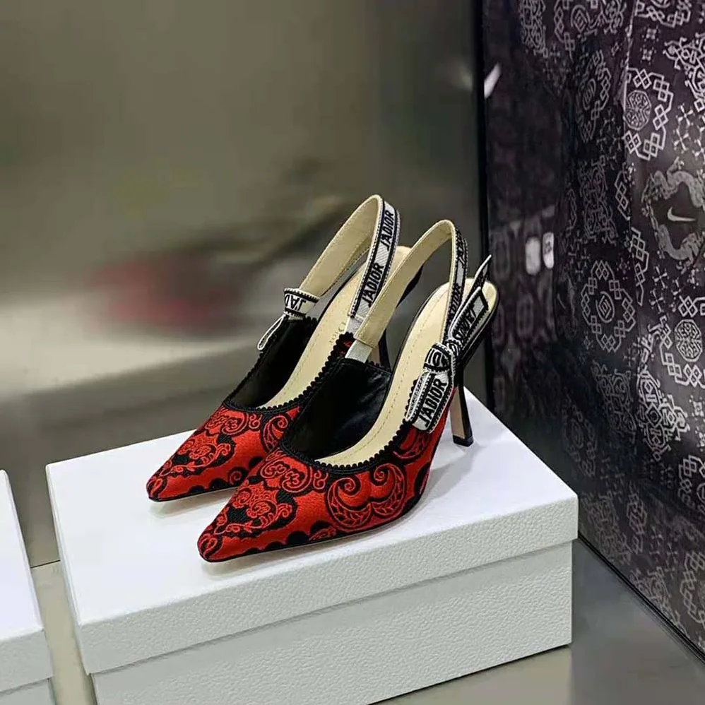 Dior J'Adior Slingback Pump Black and Red Cotton with Dior Bandana Embroidery for Women Dior J'Adior Slingback Pump Black and Red Cotton with Dior Bandana Embroidery for Women