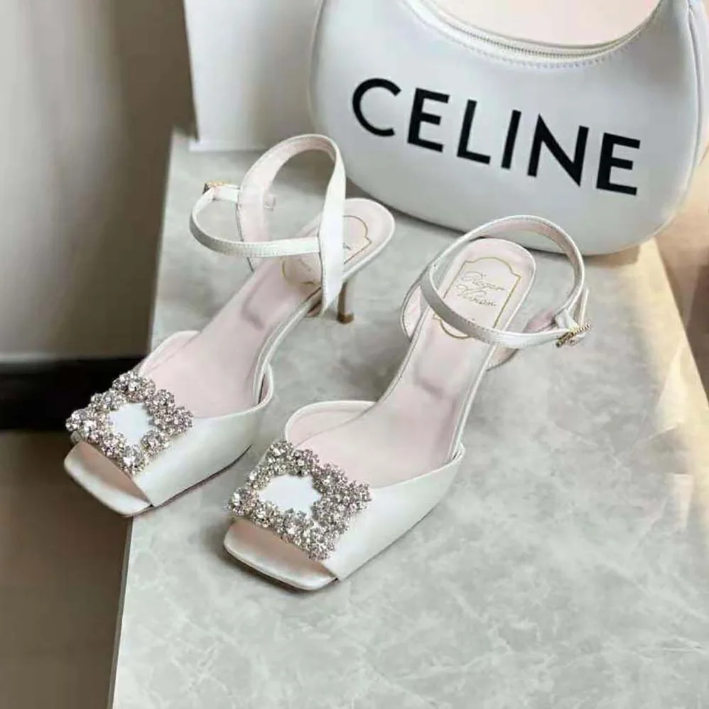 Roger Vivier Flower Strass Buckle Sandals in Satin for Women in White Roger Vivier Flower Strass Buckle Sandals in Satin for Women in White