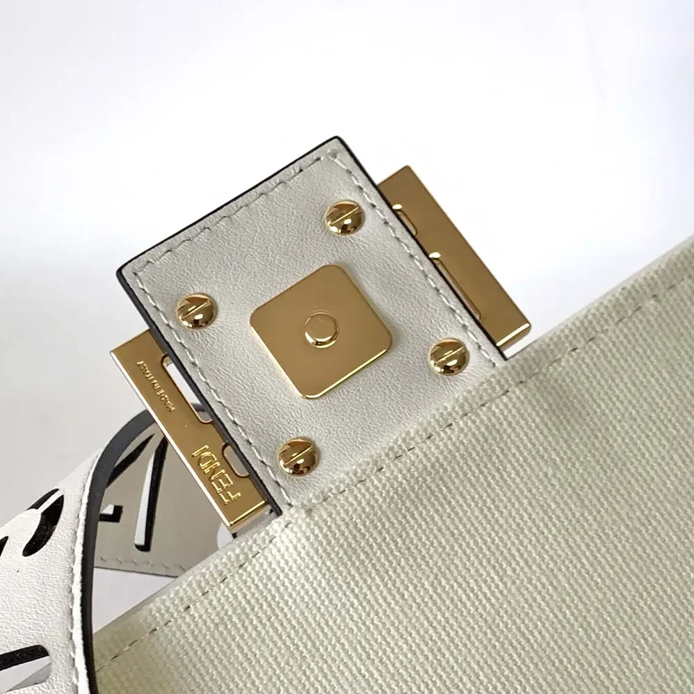 Fendi Baguette White Denim Bag with FF Embroidery for Women