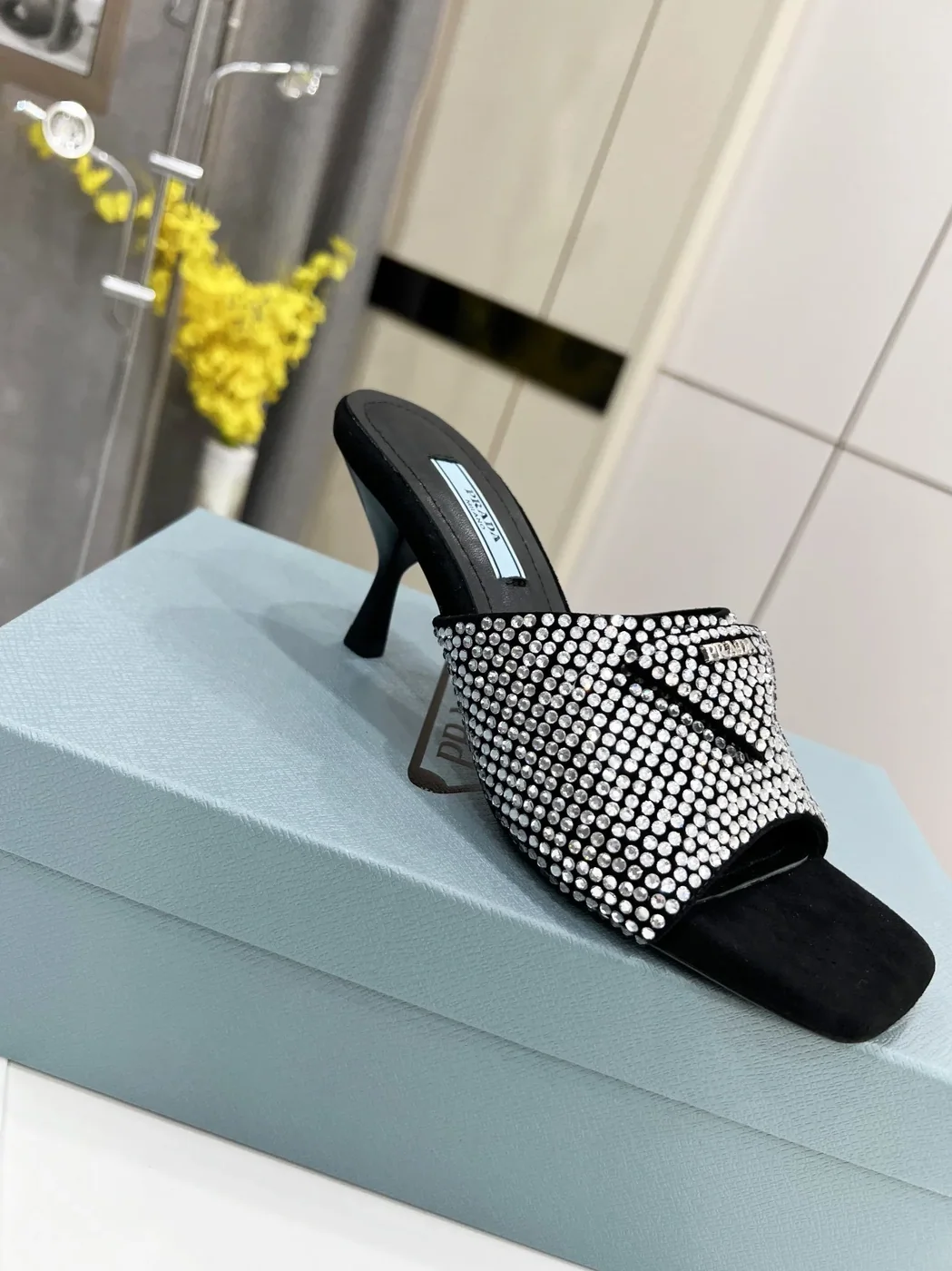 Prada Satin Heeled Sandals With Crystals Silver /