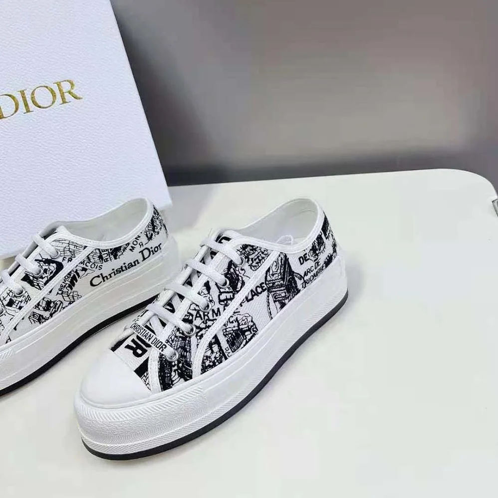 Dior Walk'N'Dior Platform Sneaker White and Black Cotton Embroidered with Plan De Paris Motif for Women