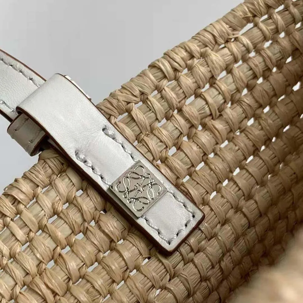 Loewe Small Square Basket Bag in Raffia and Calfskin for Women in White