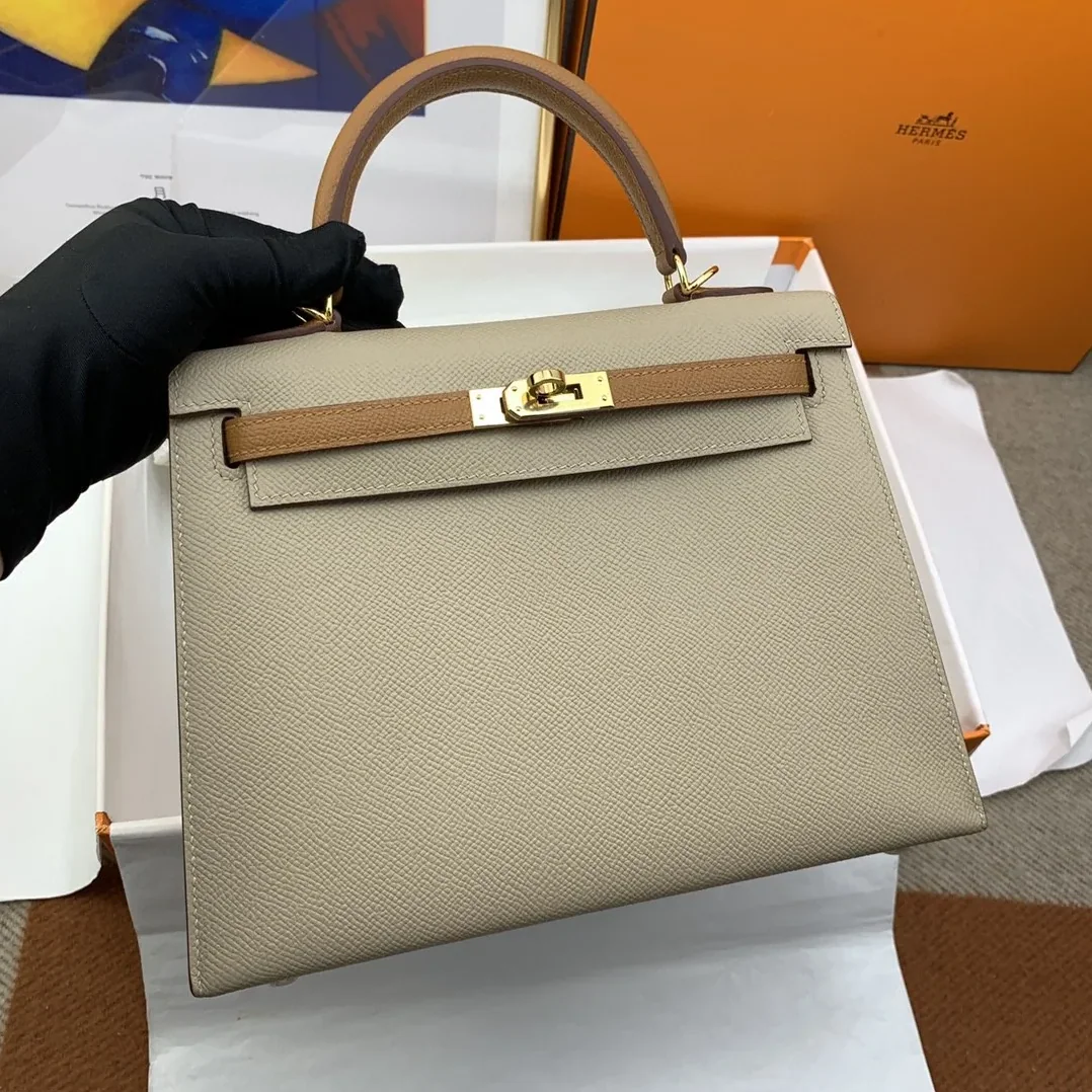 Hermes Kelly 25 Sellier Epsom Etoupe in Brown Bag