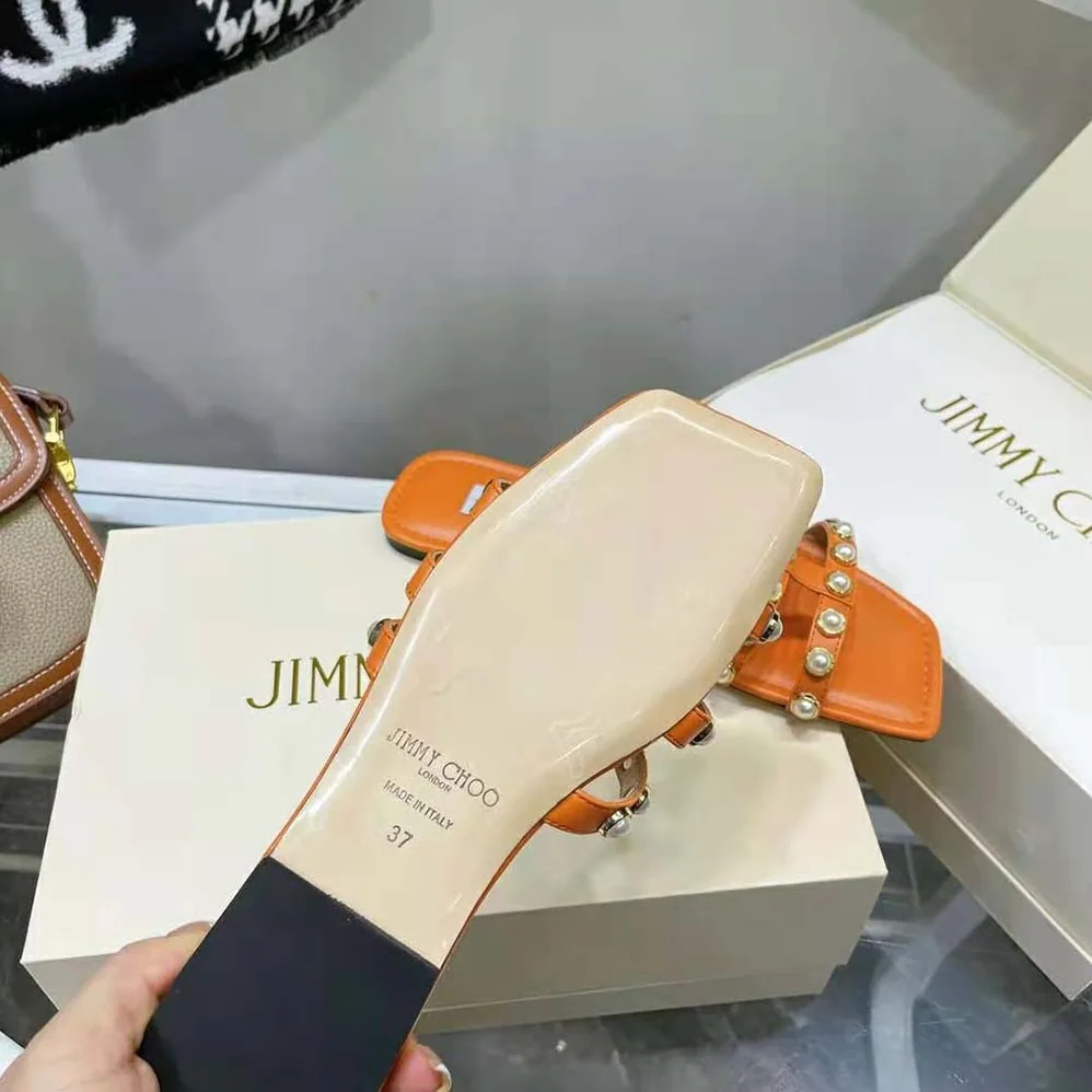 Jimmy Choo Hazal Flat Amber Orange Suede Caged Flats with Pearl Studs for Women Jimmy Choo Hazal Flat Amber Orange Suede Caged Flats with Pearl Studs for Women