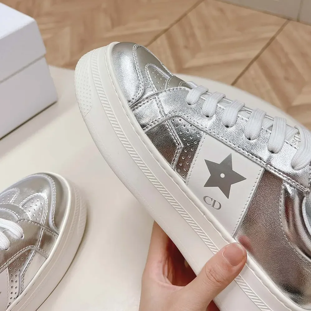 Dior Star Platform Sneaker Silver-Tone Crinkled-Effect Lambskin and White Calfskin for Women