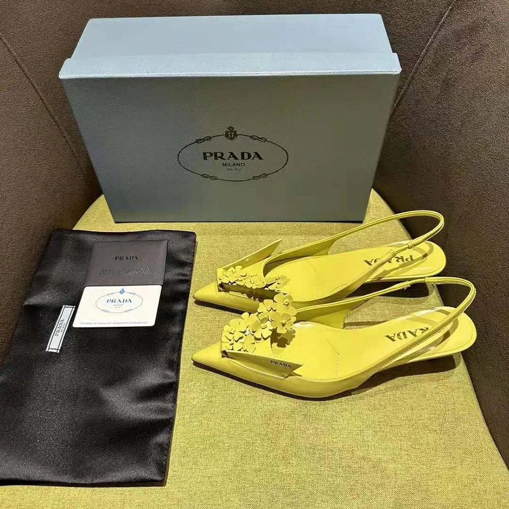 Prada Brushed Leather Slingback Pumps with Floral Appliques for Women in Yellow