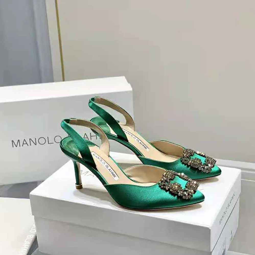 Manolo Blahnik Green Satin Jewel Buckle Slingback Pumps for Women Manolo Blahnik Green Satin Jewel Buckle Slingback Pumps for Women