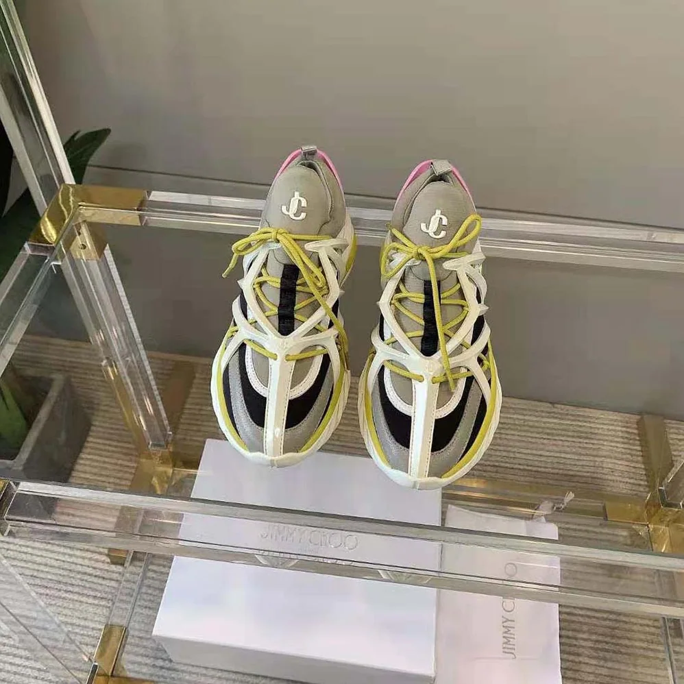 Jimmy Choo Cosmos/F Marl Grey Lime and Pink Leather and Neoprene Low for Women in Top Trainers