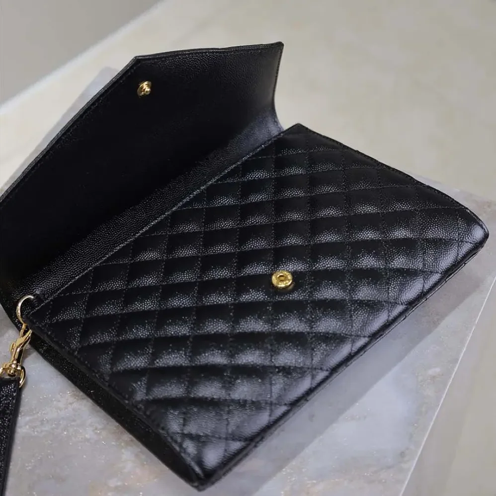 Saint Laurent YSL Envelope Flap Pouch In Mix Matelassé Grain De Poudre Leather Black for Women