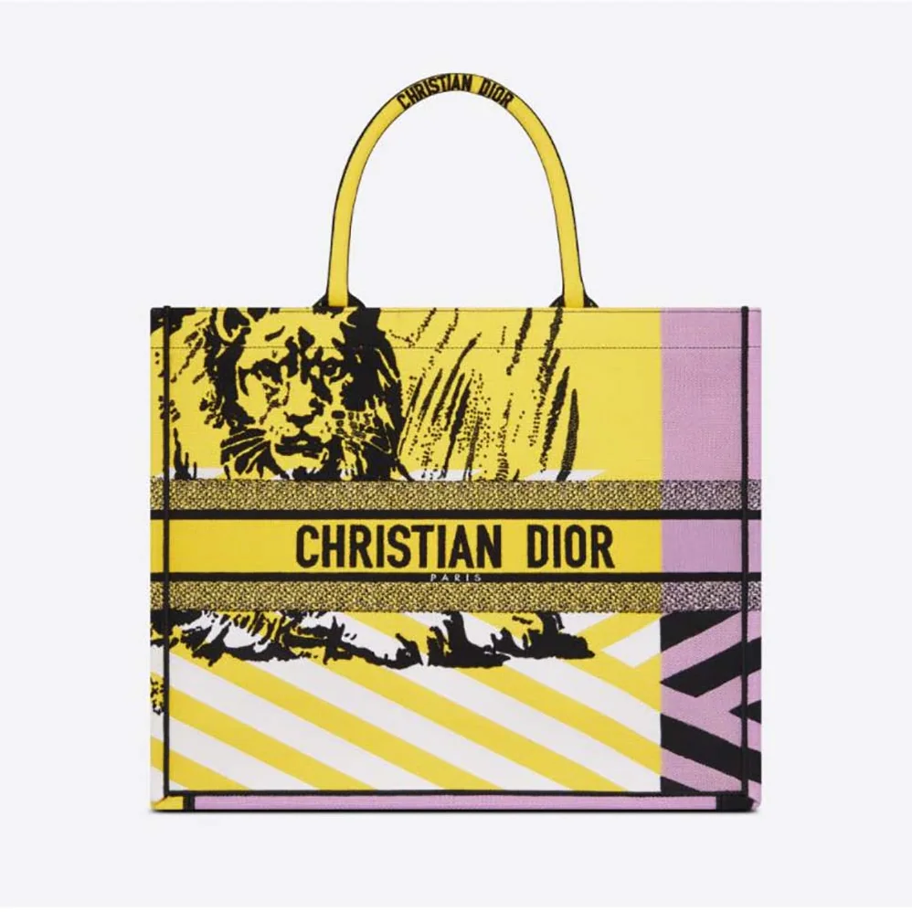 Dior Large Dior Book Tote Bright Yellow and Pink D for Women in Jungle Pop Embroidery Dior Large Dior Book Tote Bright Yellow and Pink D for Women in Jungle Pop Embroidery