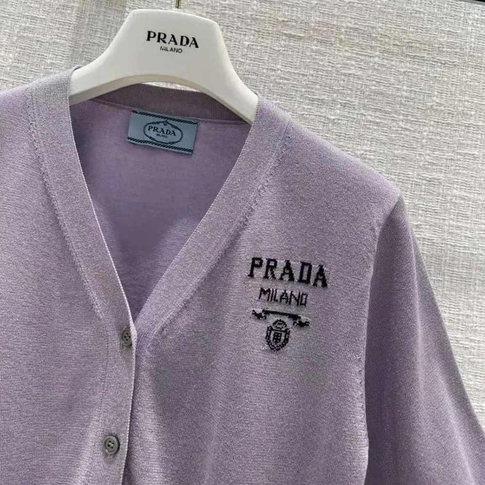 Prada Cropped Lurex Cardigan with Intarsia Logo for Women in Purple