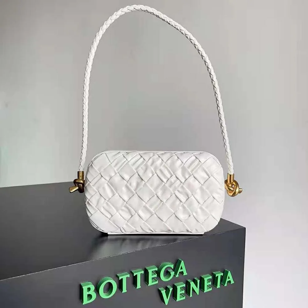Bottega Veneta Knot On Strap Foulard Intreccio Leather Minaudiere with Strap for Women in White Bottega Veneta Knot On Strap Foulard Intreccio Leather Minaudiere with Strap for Women in White