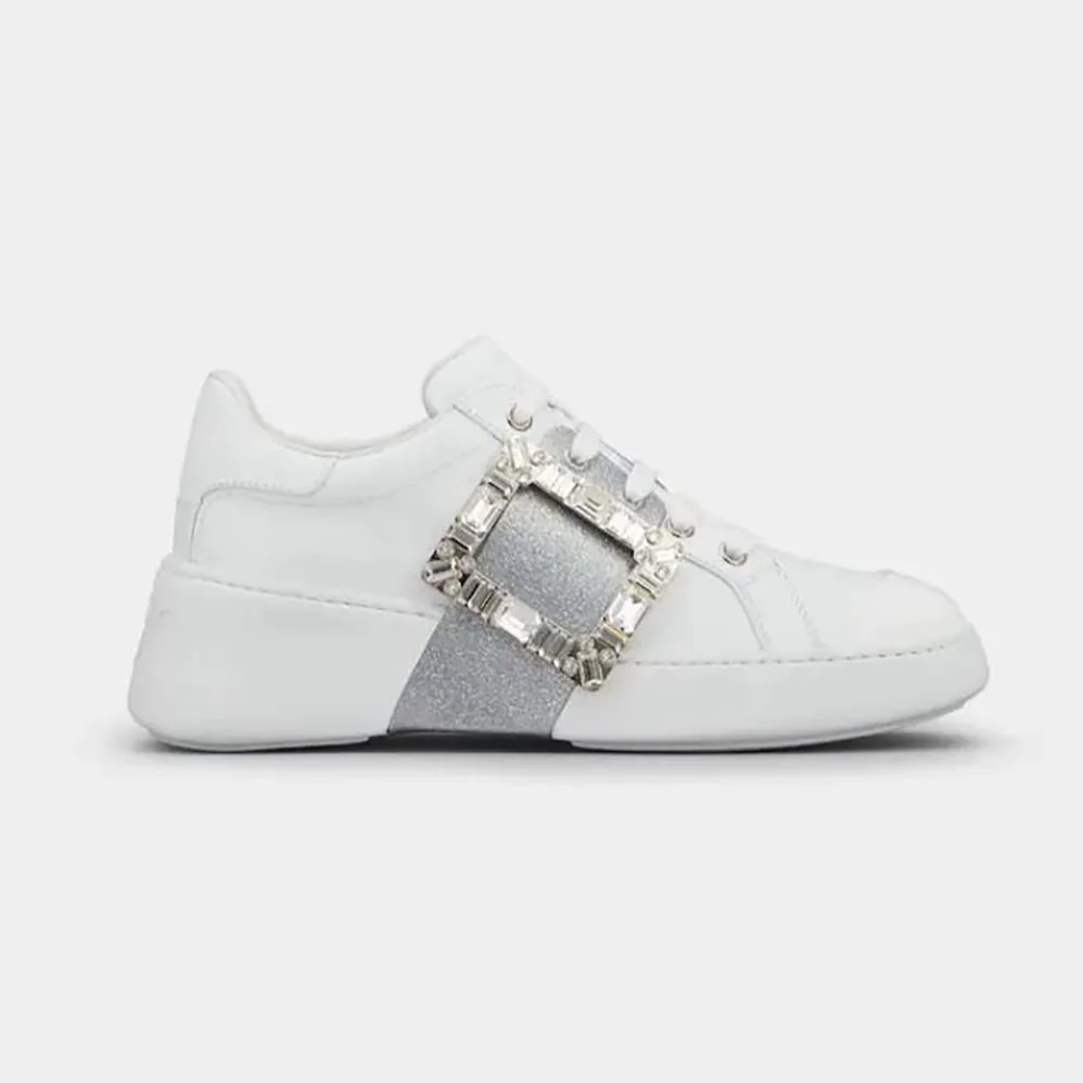 Roger Vivier Viv' Skate Glitter Strass Buckle Sneakers in Soft Leather for Women in Silver Roger Vivier Viv' Skate Glitter Strass Buckle Sneakers in Soft Leather for Women in Silver