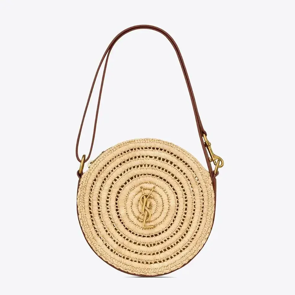 Saint Laurent YSL Round Bag in Raffia and Vegetable for Women in Tanned Leather Saint Laurent YSL Round Bag in Raffia and Vegetable for Women in Tanned Leather