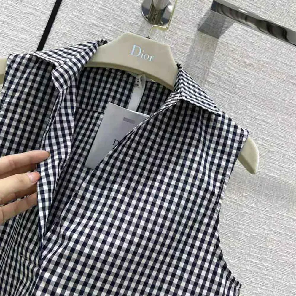 Dior Sleeveless Blouse Navy Blue D for Women in Little Vichy Silk Canvas Dior Sleeveless Blouse Navy Blue D for Women in Little Vichy Silk Canvas